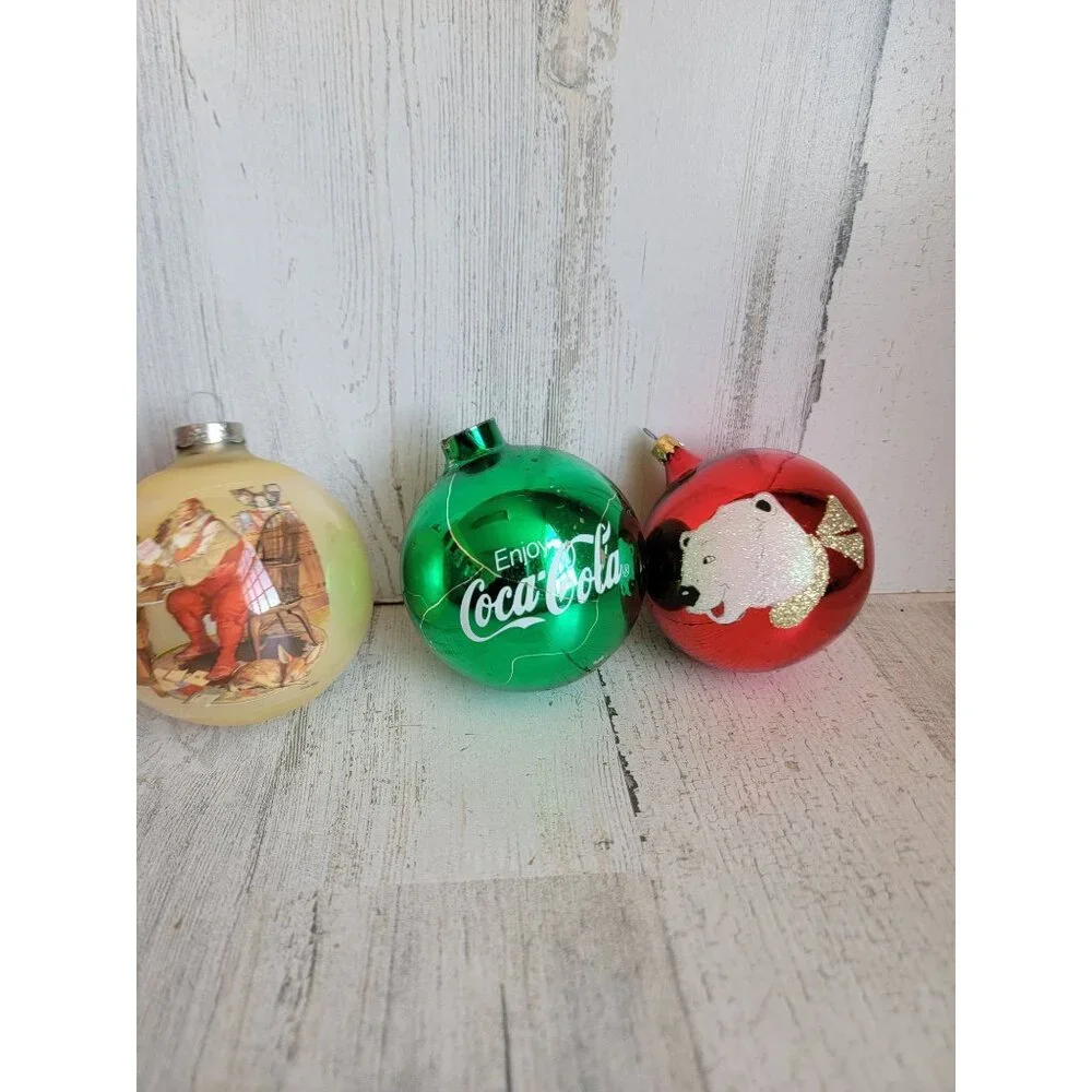 Vintage AS IS glass ball coke cola polar‎ bear ornament Xmas set unique